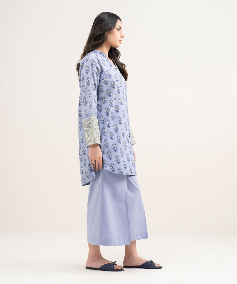 Women's RTW Lawn Embroidered Blue Straight Shirt