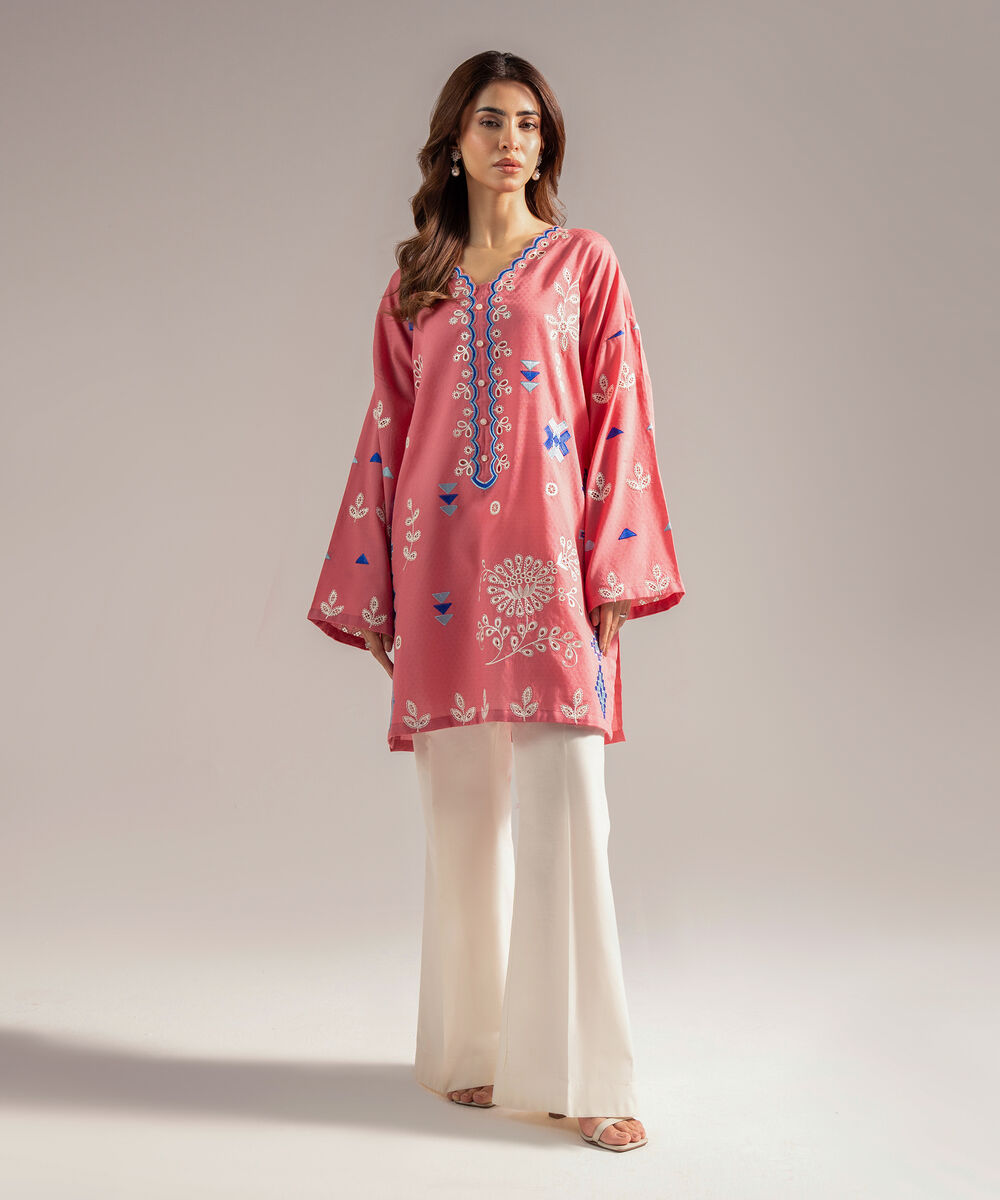 Women's RTW Dobby Embroidered Straight Pink Shirt