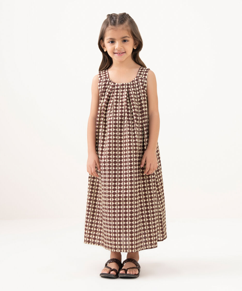 Girl's Light Khaddar Printed Brown A-Line Shirt