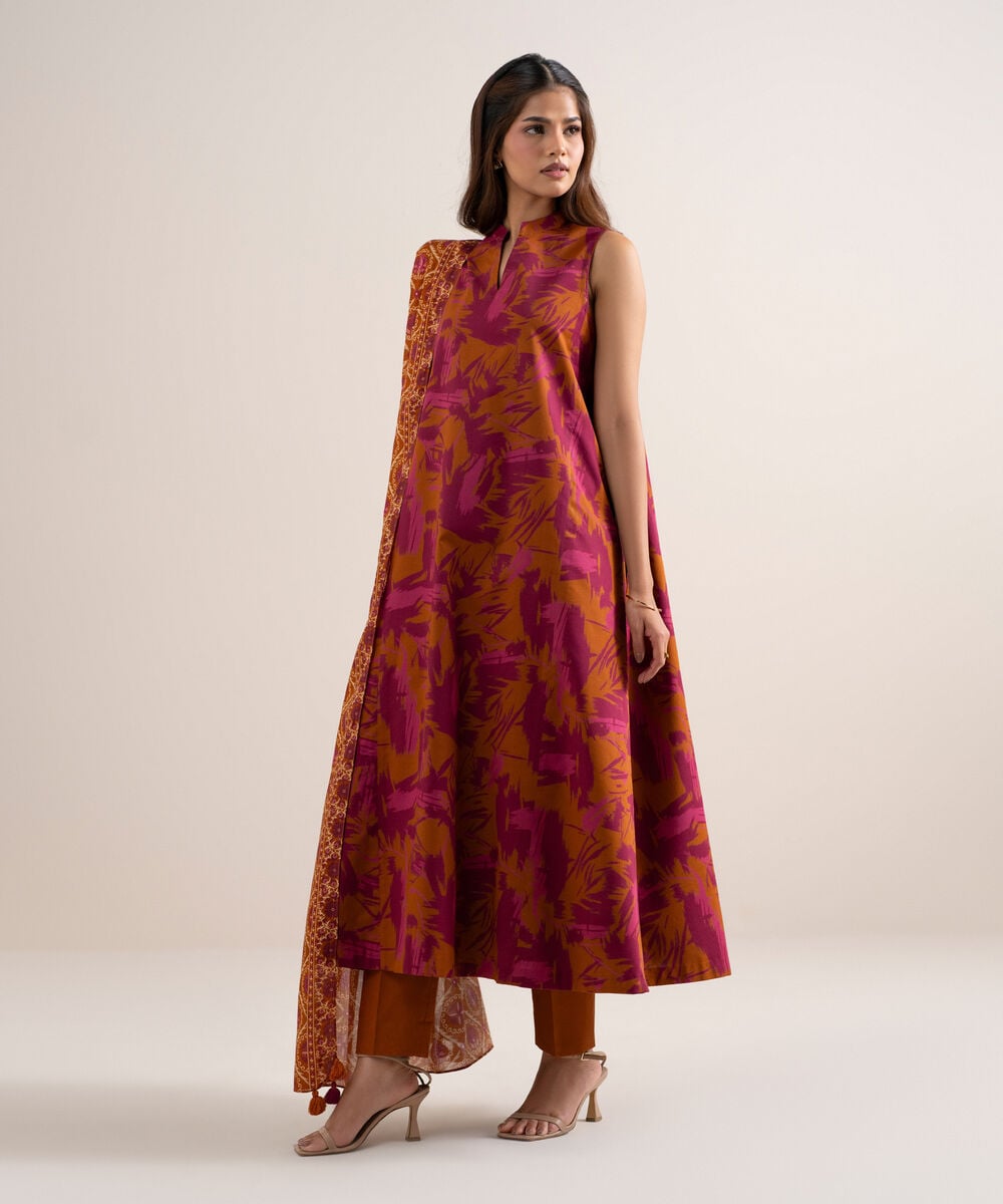 Women's Unstitched Lawn Printed Orange 3 Piece Suit