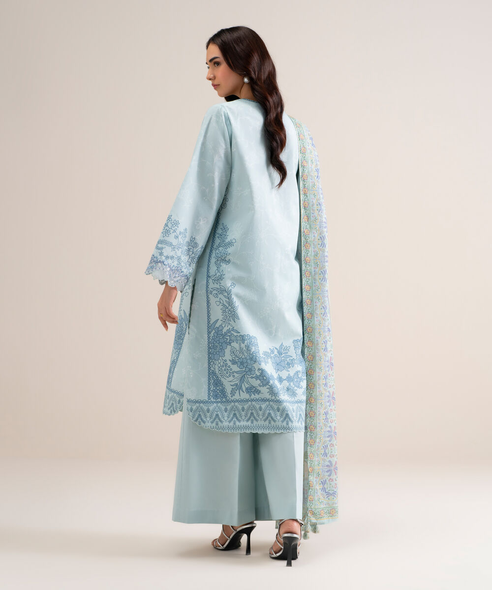 Women's Unstitched Embroidered Cotton Ice Blue 3 Piece Suit