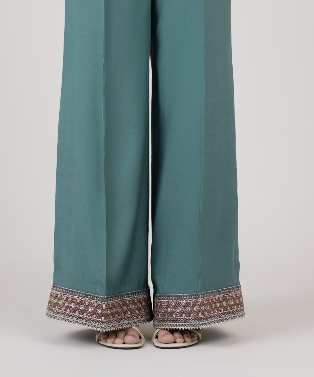 Women's RTW Viscose Raw Silk Solid Blue Flared Pants