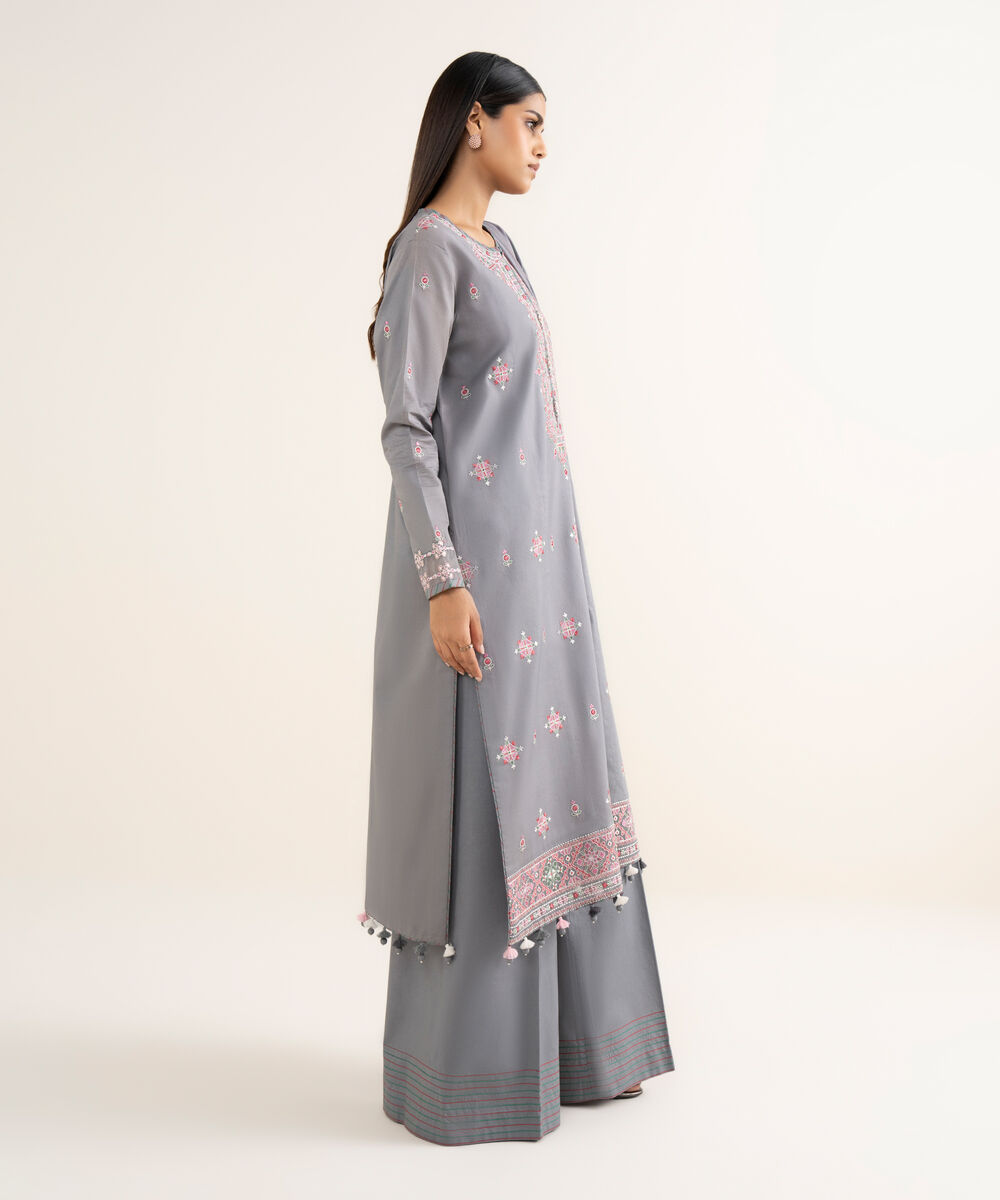 Women's Unstitched Embroidered Cotton Grey 3 Piece Suit