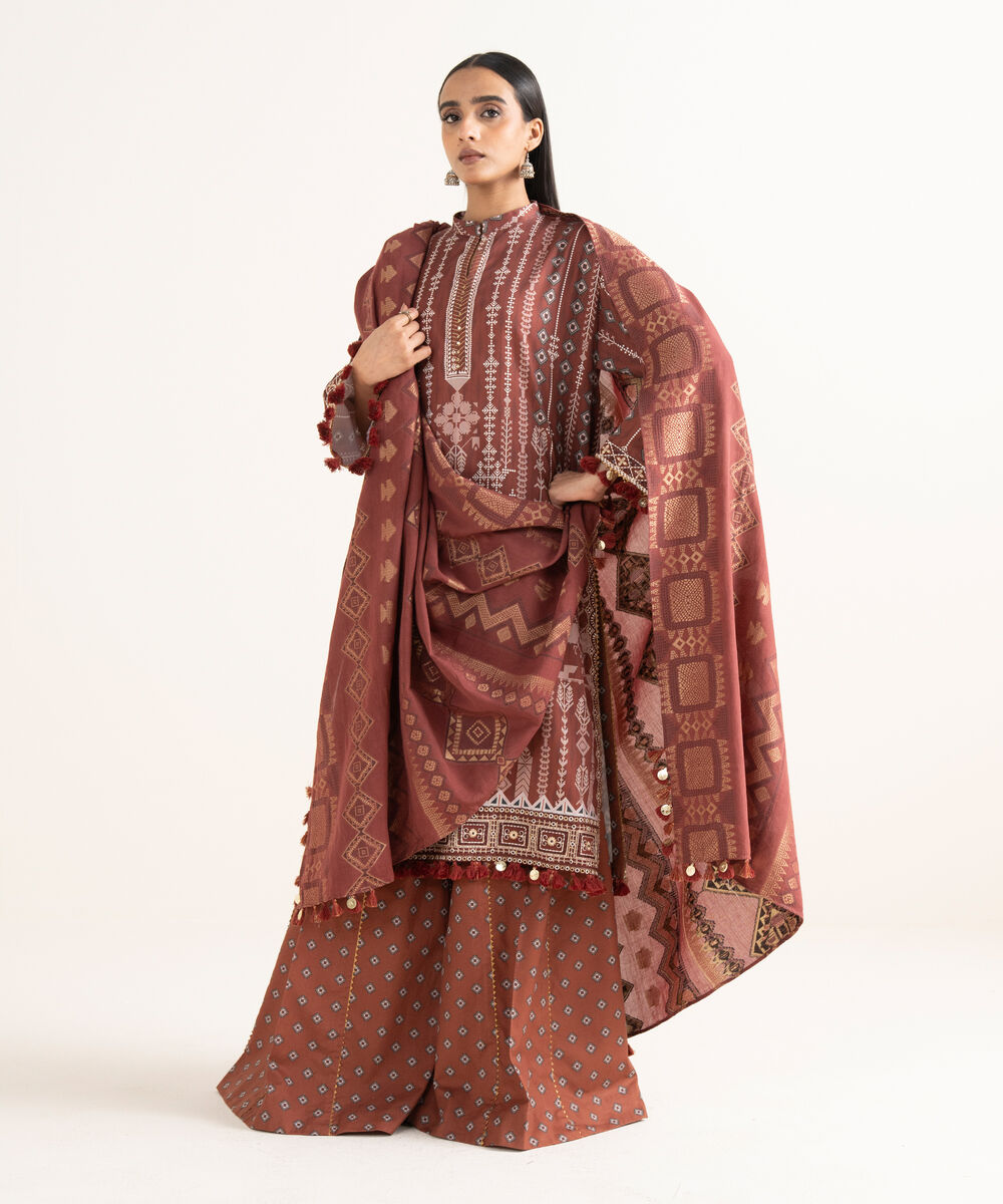 Women's Unstitched Fine Cotton Satin Embroidered Brown  3 Piece Suit