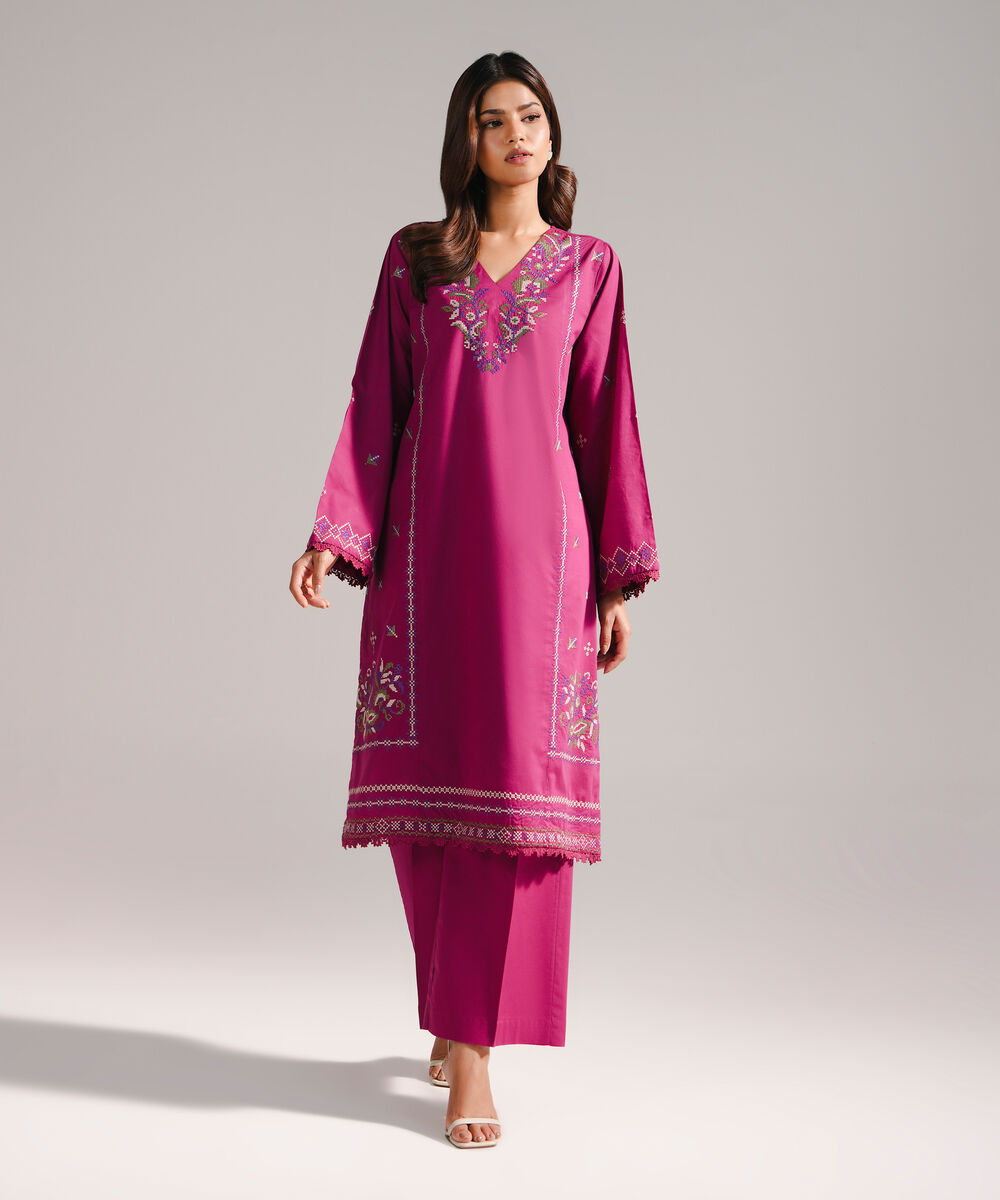 Women's RTW Slub Lawn Embroidered Plum Straight Shirt
