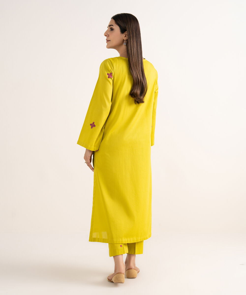 Women's RTW Textured Cotton Lime Green Embroidered A-Line Shirt