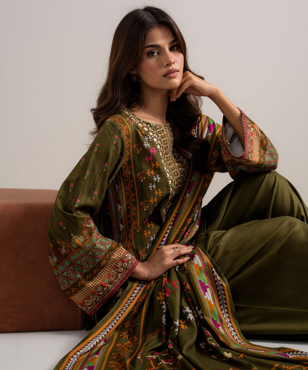 Women's Unstitched Printed Linen Brown 3 Piece Suit