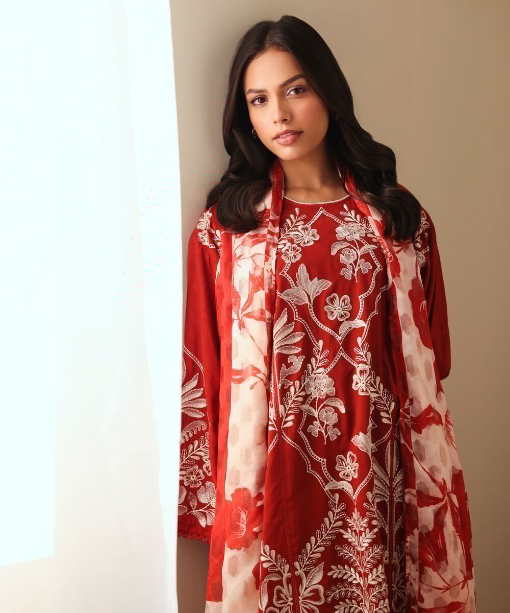 Women's RTW Arabic Self Jacquard Embroidered Orange Boxy Shirt