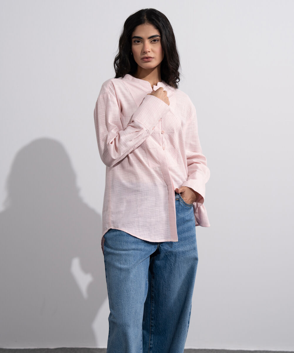 Women's Pink Textured Shirt With Yoke Detail