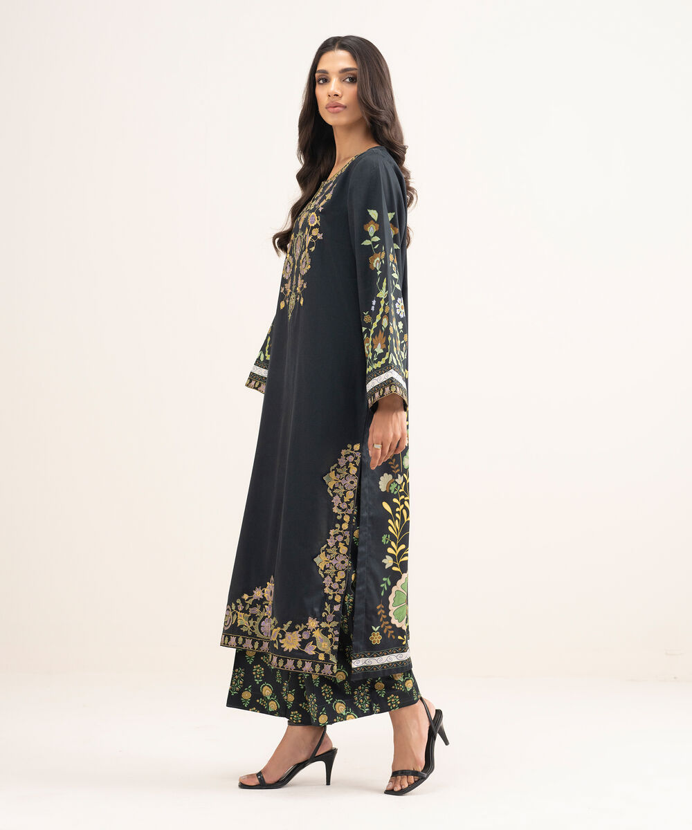 Women's RTW Cotton Satin Embroidered Black A-Line Shirt