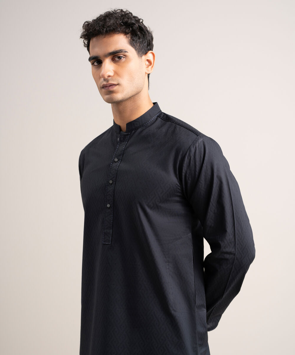 Men's Stitched Cotton Jacquard Black Kurta