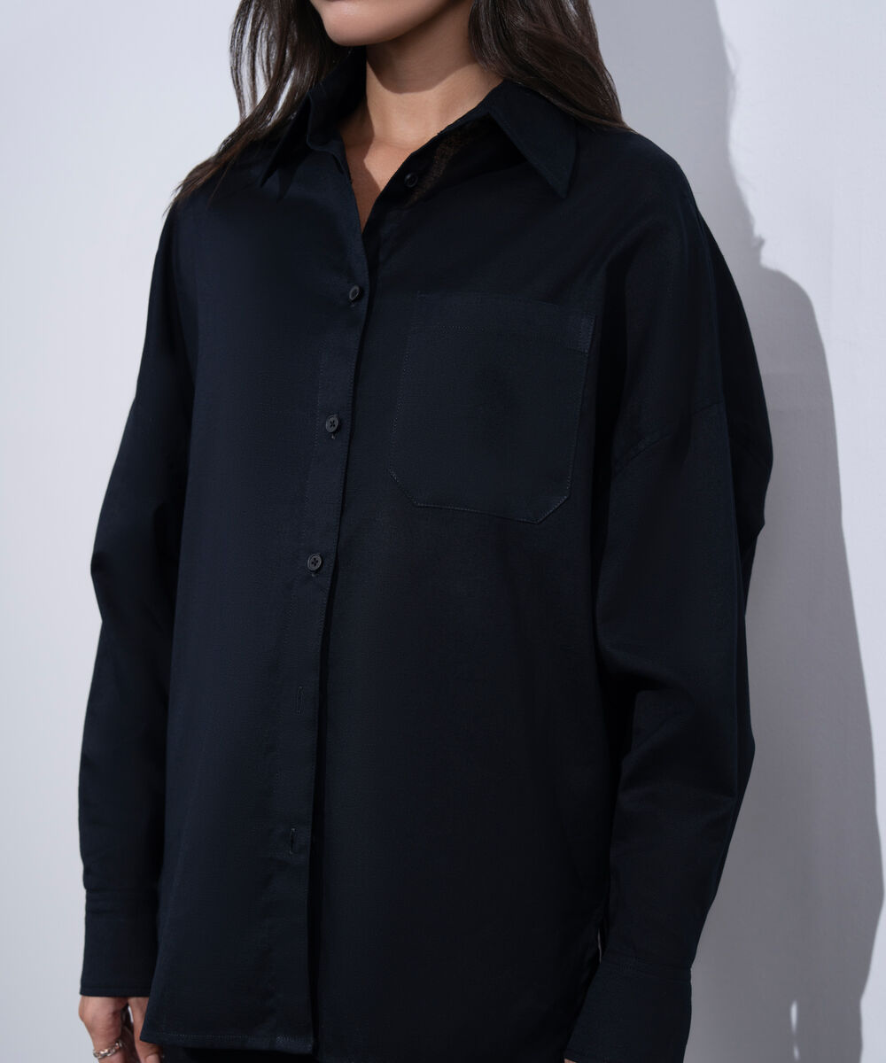 Women's Western Wear Black Oversized Linen Blend Shirt