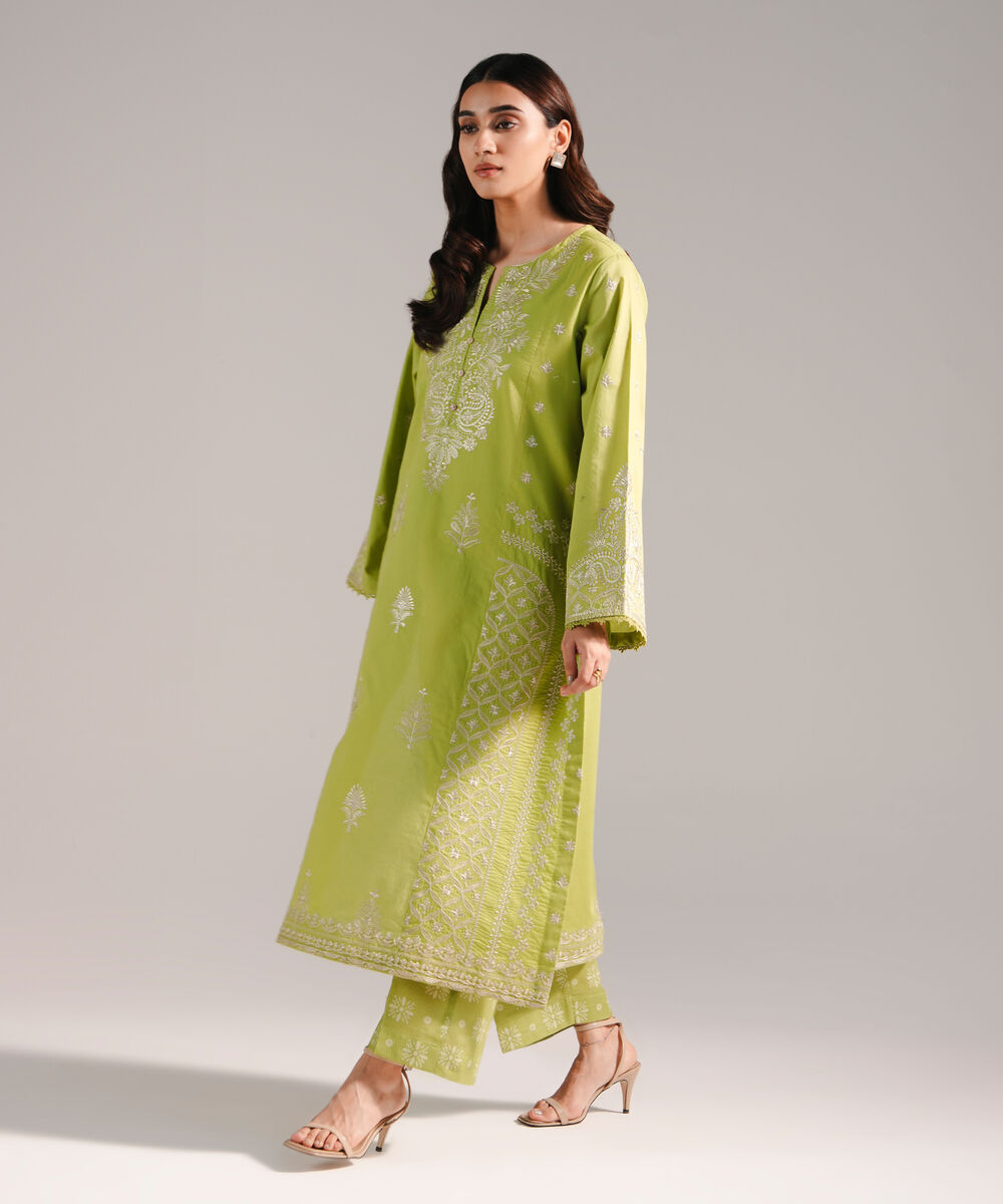 Women's RTW Dobby Embroidered Green 2 Piece Suit
