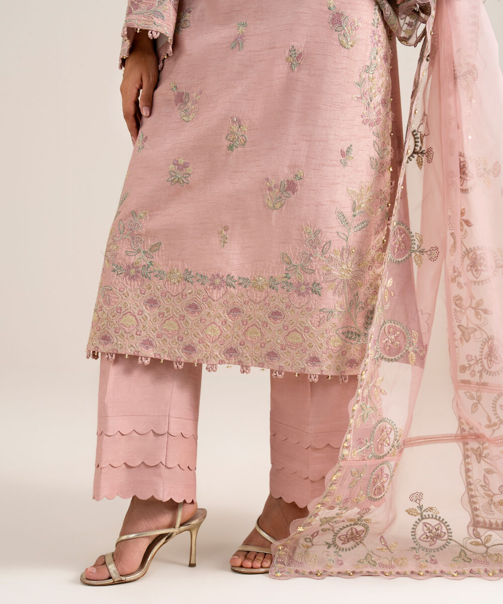 Women's Unstitched Embroidered Viscose Raw Silk Teal Pink 3 Piece Suit
