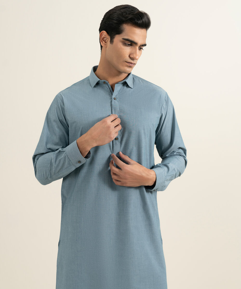 Men's blue Blended Yarn Dyed Kameez Shalwar