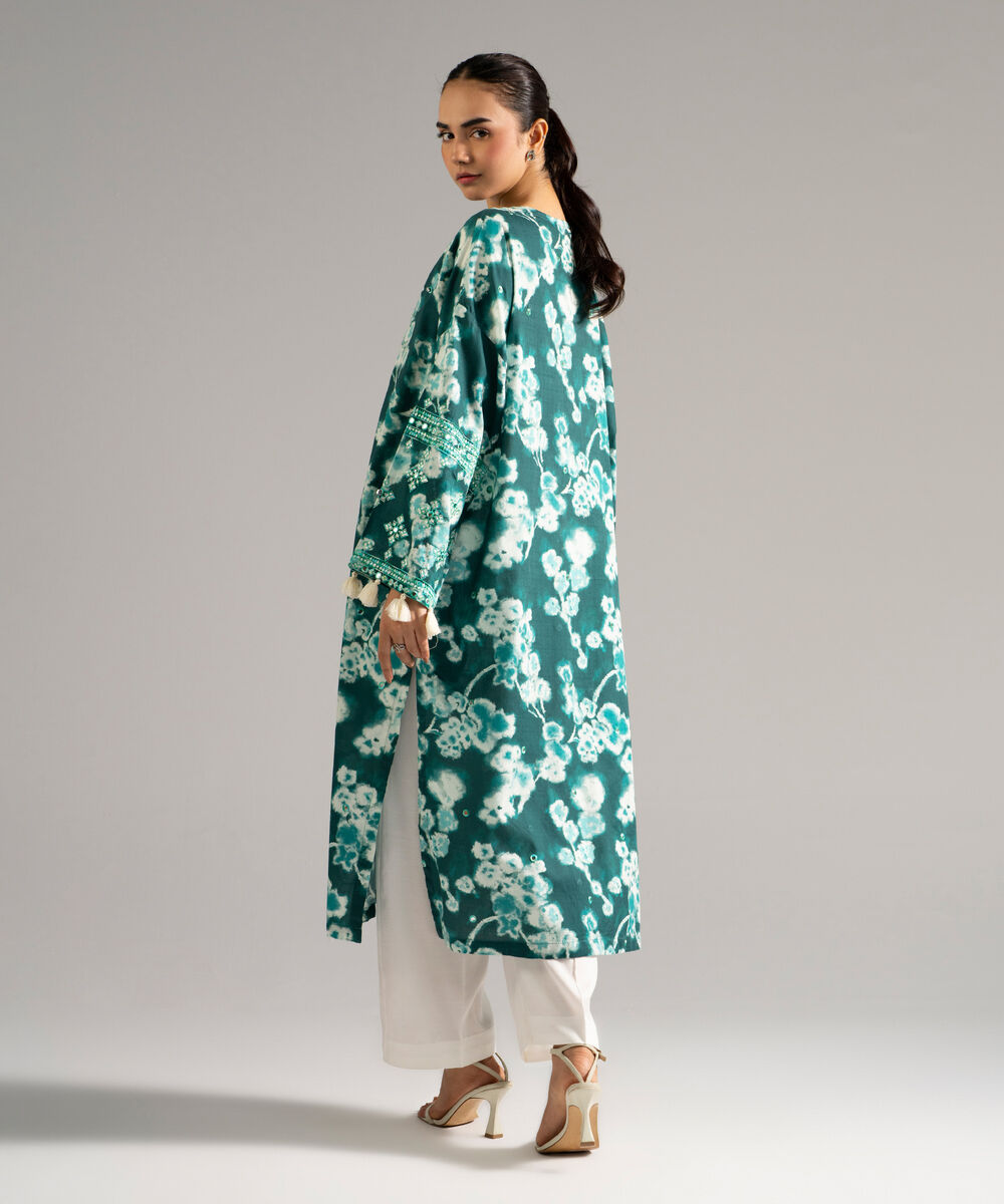 Women's RTW Dobby Embroidered Green Drop Shoulder Shirt