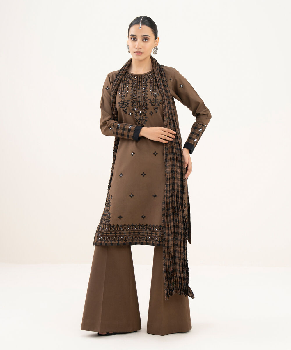 Women's Unstitched Cotton Embroidered Brown 3 Piece Suit