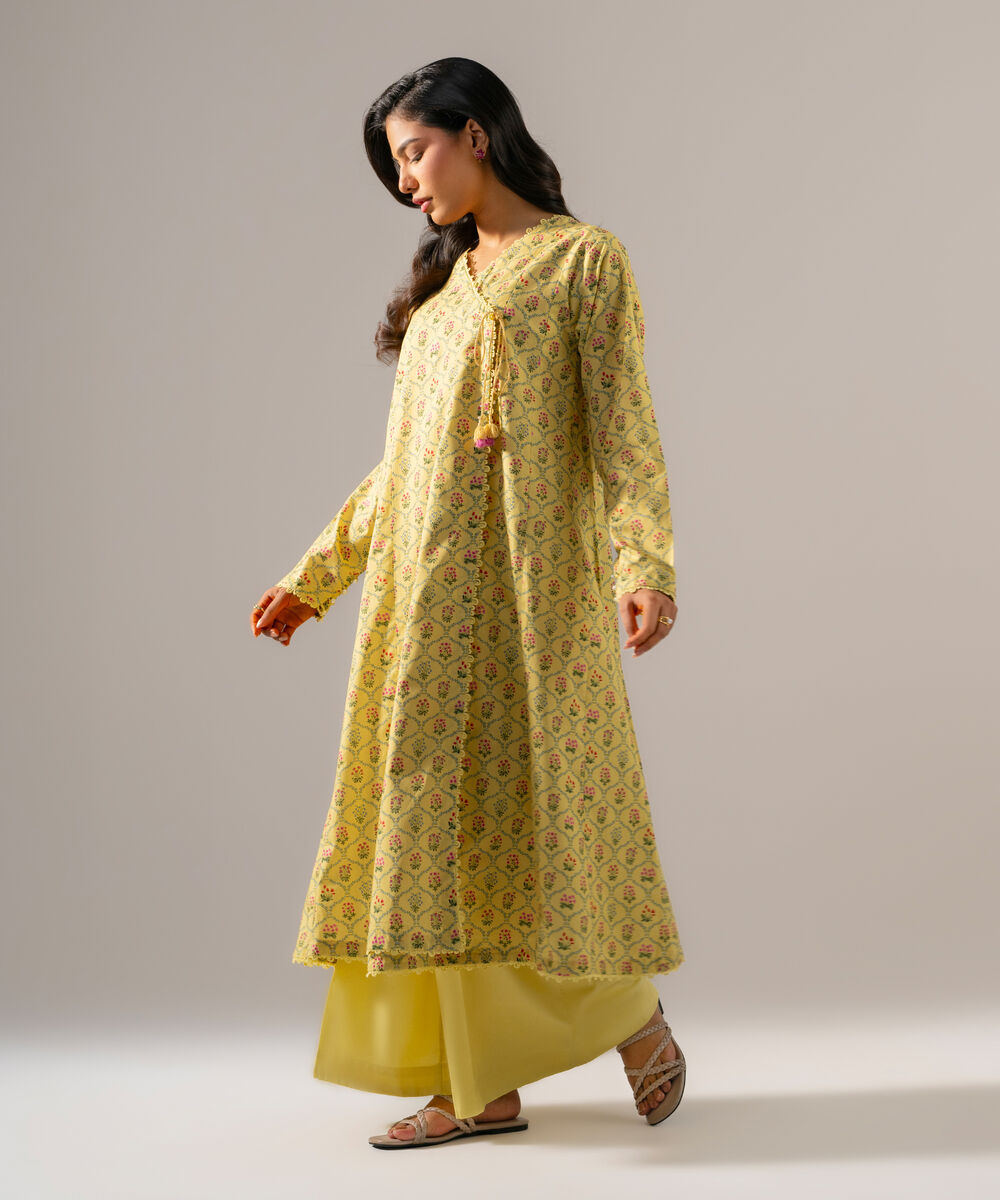 Women's RTW Cambric Printed Pale Yellow Angrakha