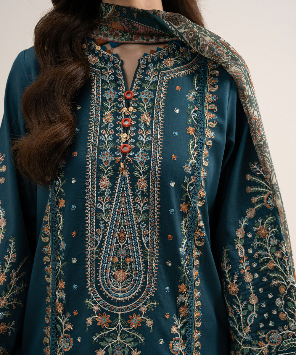 Women's Unstitched Embroidered Fine Cotton Satin Green 3 Piece Suit