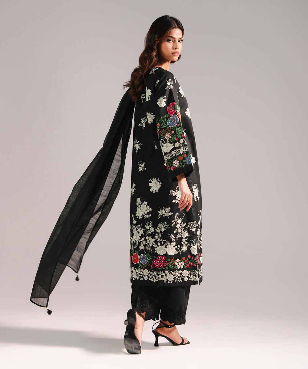 Women's RTW Dobby Printed Black 3 Piece Suit