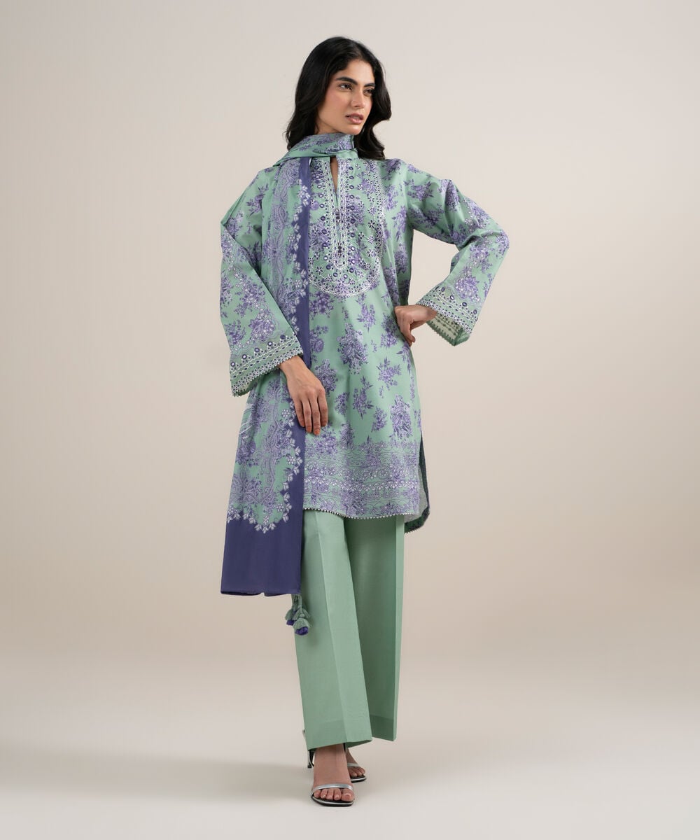Women's Unstitched Lawn Embroidered Green and Purple 3 Piece Suit