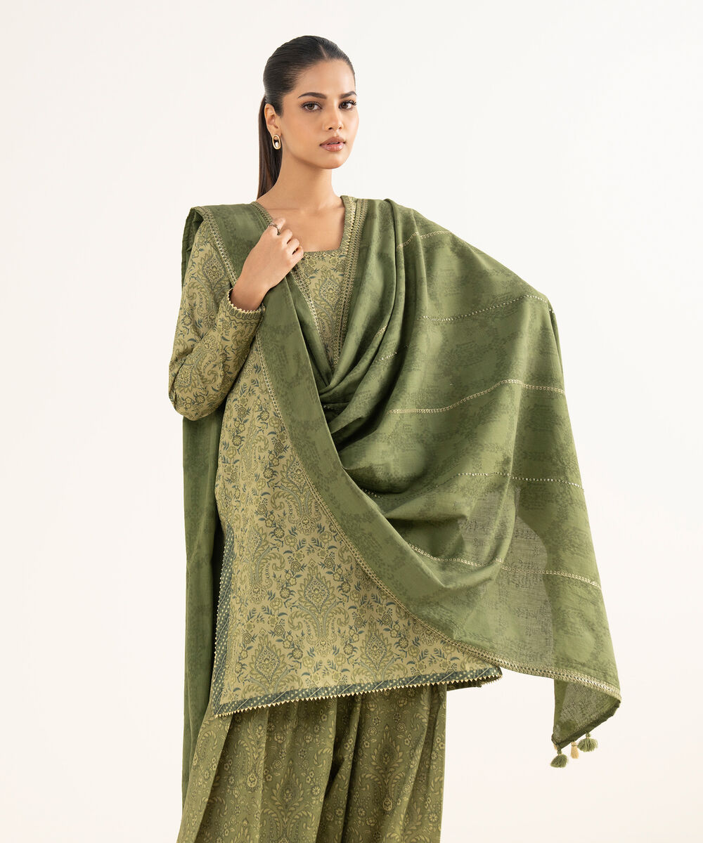 Women's Unstitched Cross Hatch Embroidered Green 3 Piece Suit