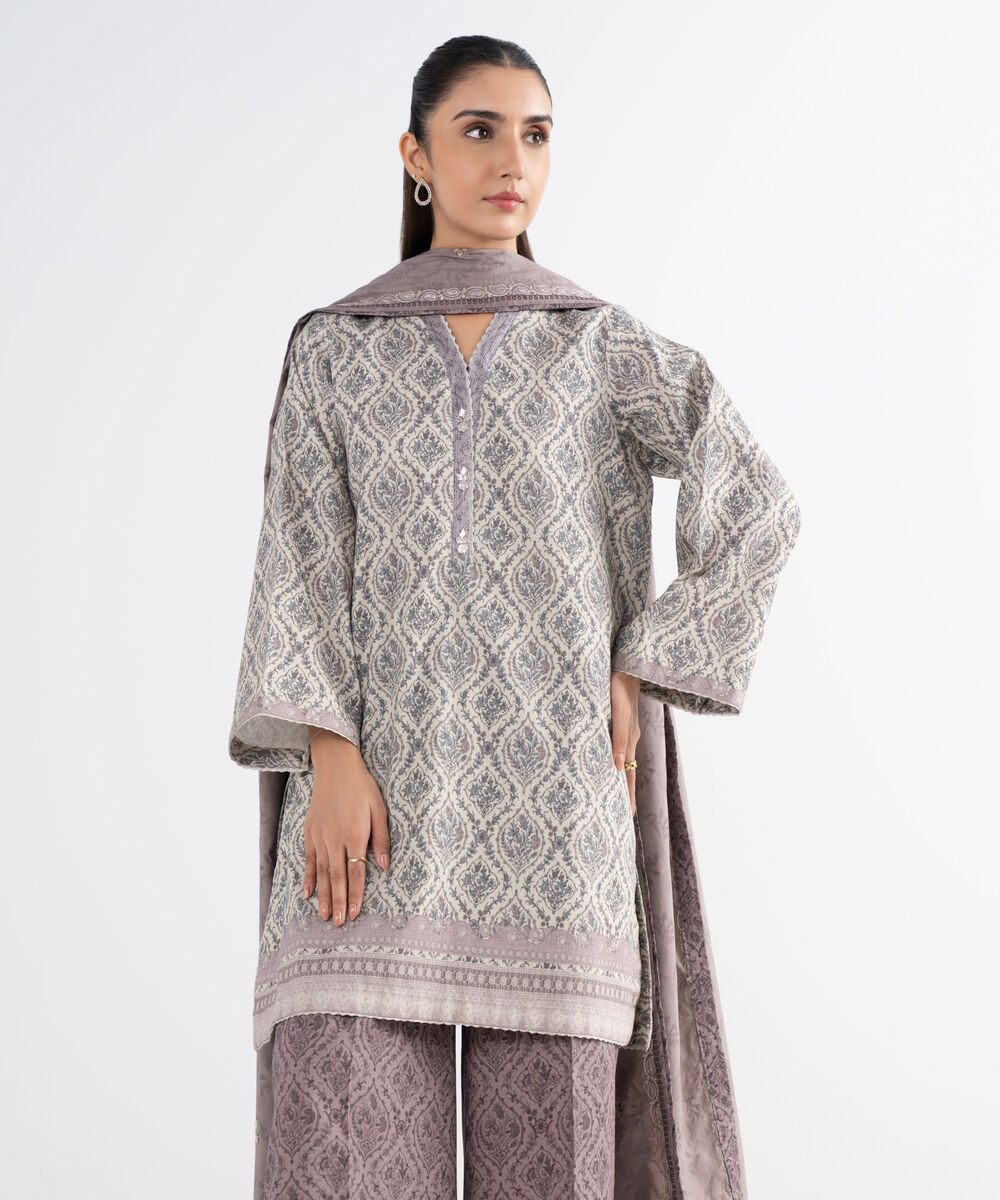 Women's Unstitched Cross Hatch Embroidered Grey 3 Piece Suit