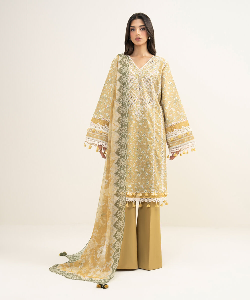 Women's Unstitched Lawn Embroidered Yellow 3 Piece Suit