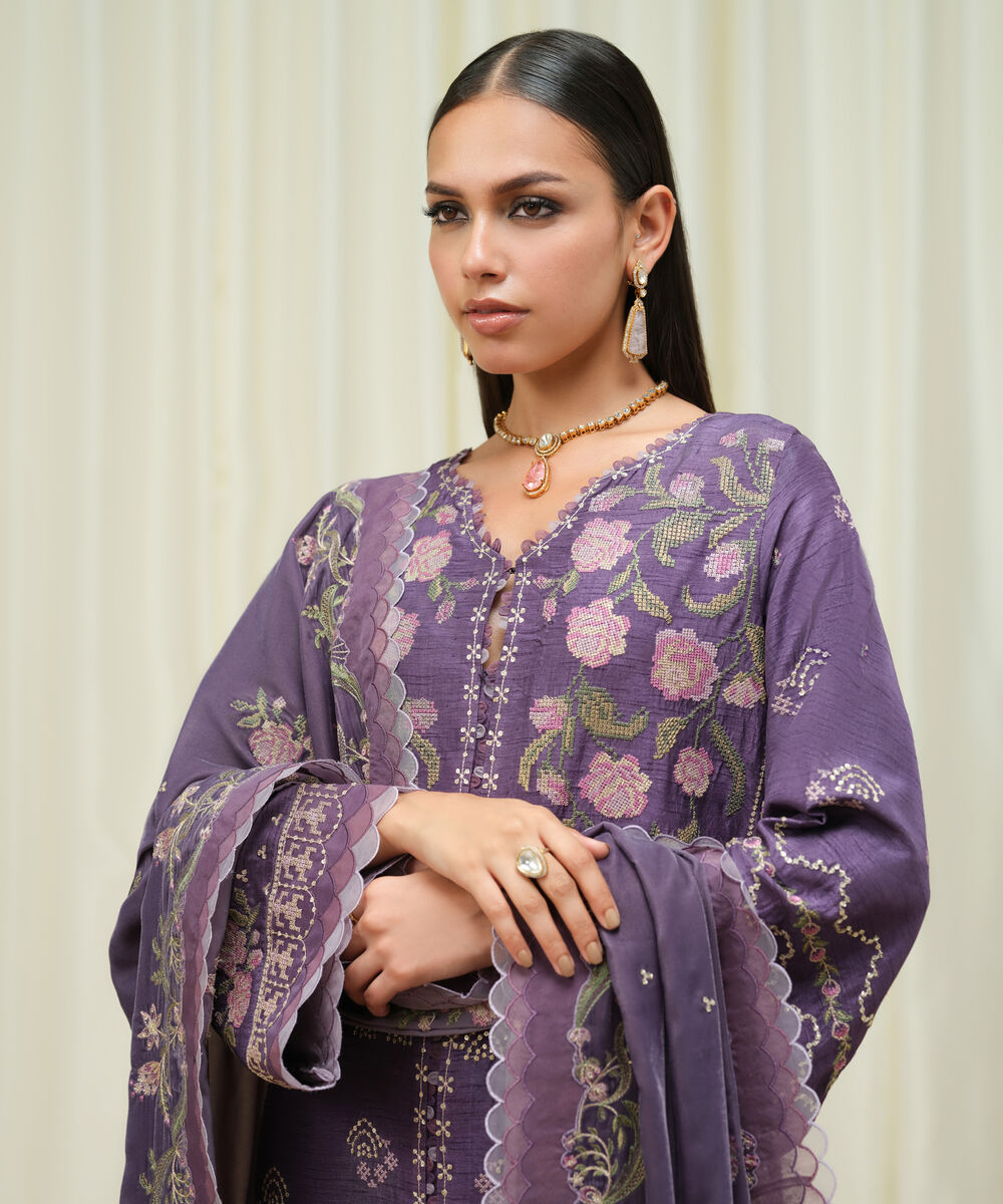 Women's Unstitched Raw Silk Embroidered Purple 3 Piece Suit