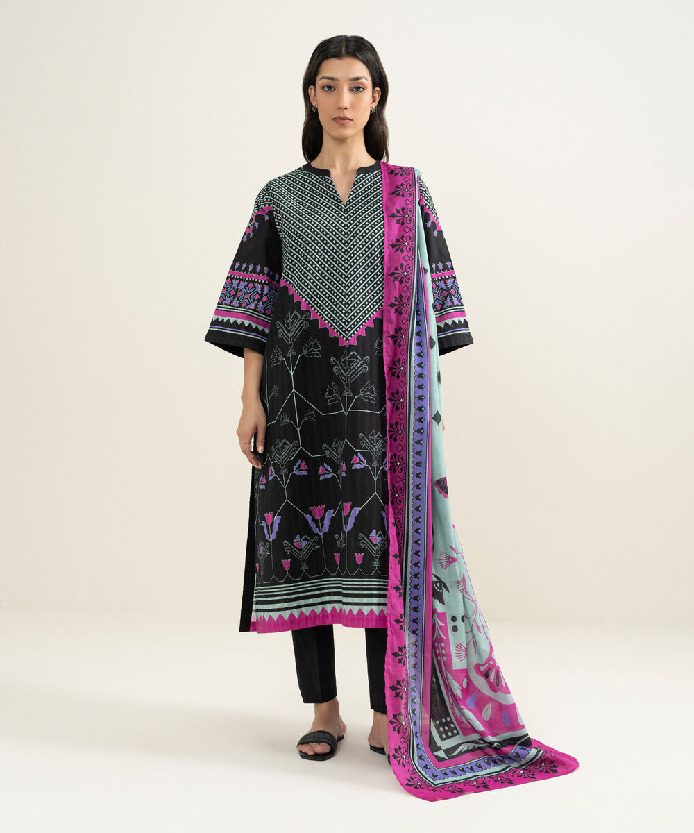 Women's RTW Textured Cotton Printed Black A-Line Shirt