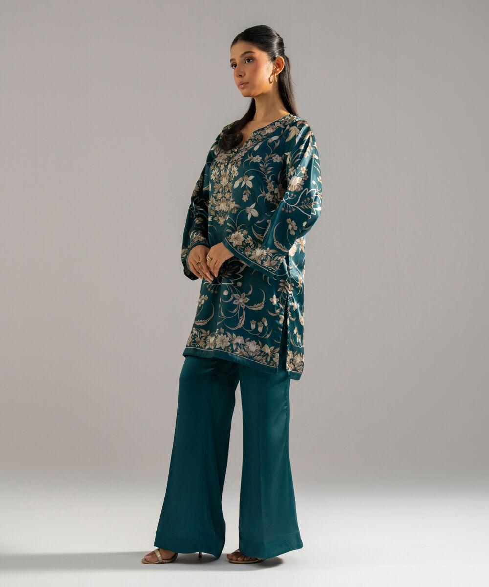Women's RTW Blended Satin Printed Teal 2 Piece Suit
