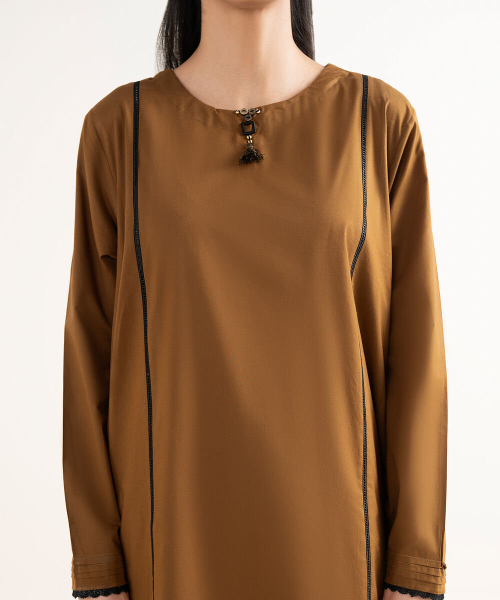 Women's RTW Cambric Solid A-Line Brown Shirt