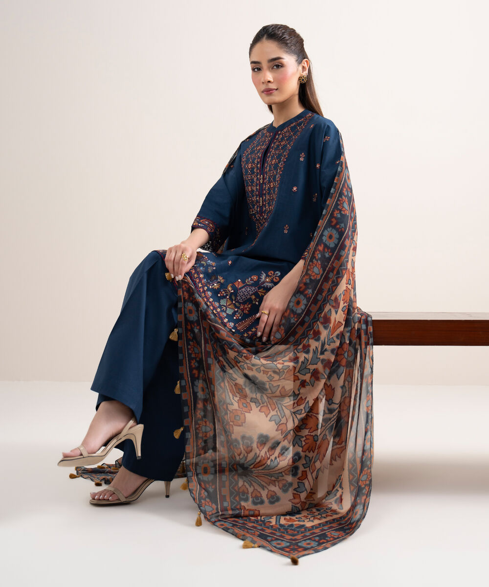 Women's Unstitched Textured Lawn Embroidered Blue 3 Piece Suit