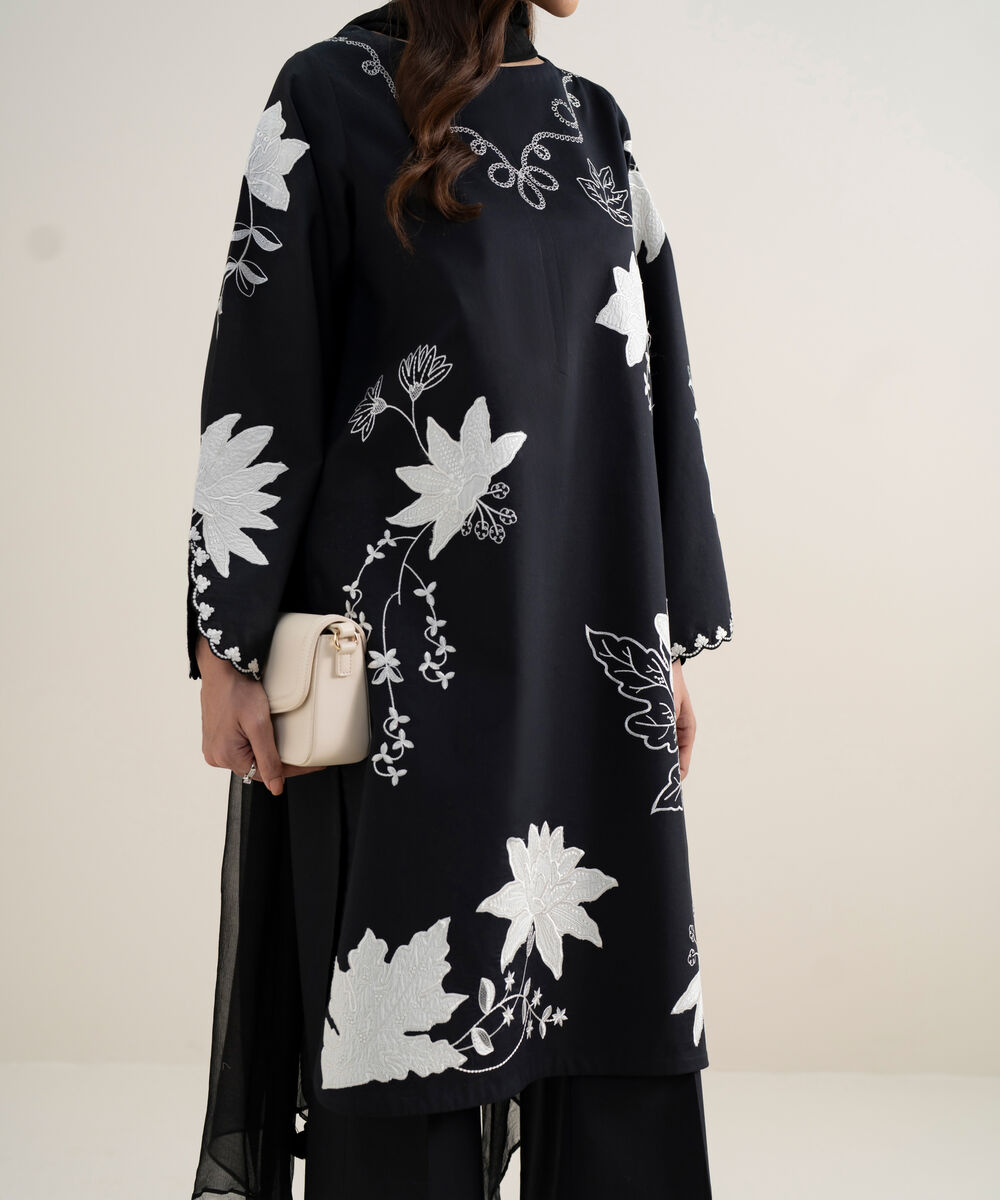 Women's Unstitched Textured Lawn Embroidered Black 3 Piece Suit