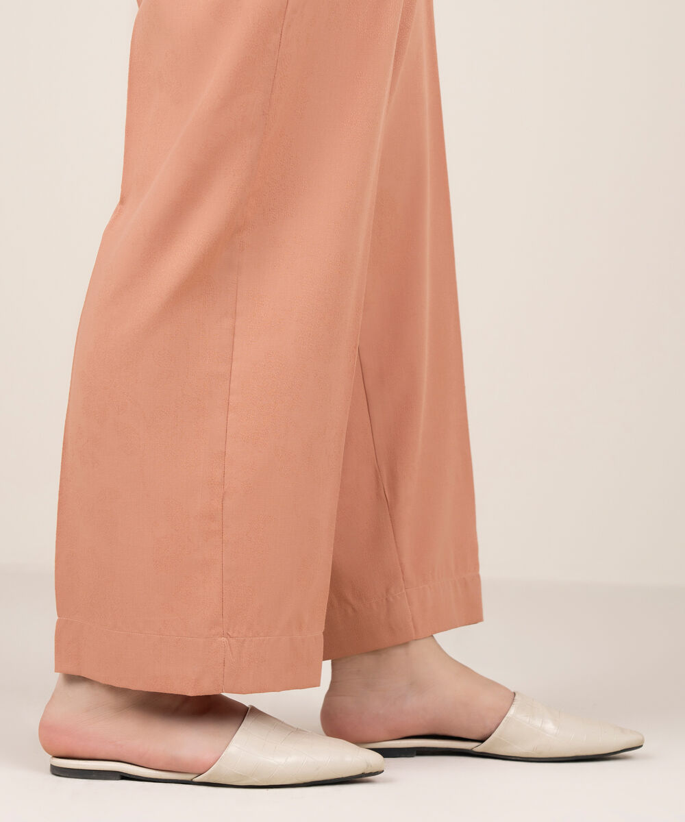 Women's RTW Self Jacquard Leno Solid Peach Straight Pants