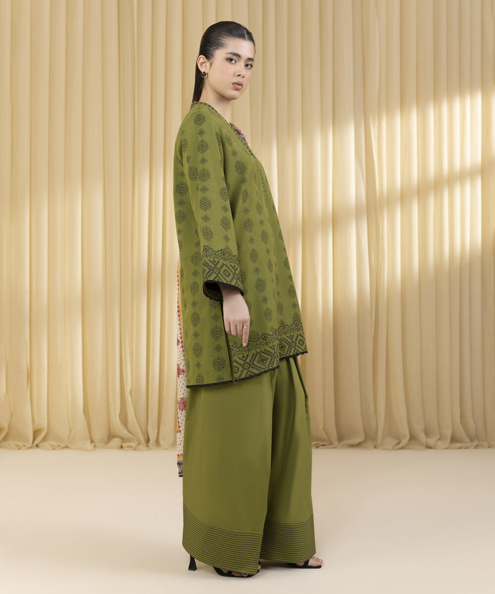 Unstitched Women's Green Extra Weft Jacquard 3 Piece Suit