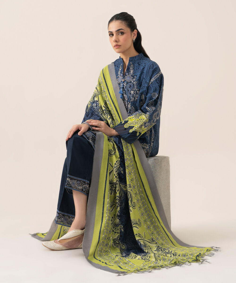 Women's Unstitched Cotton Printed Blue 3 Piece Suit