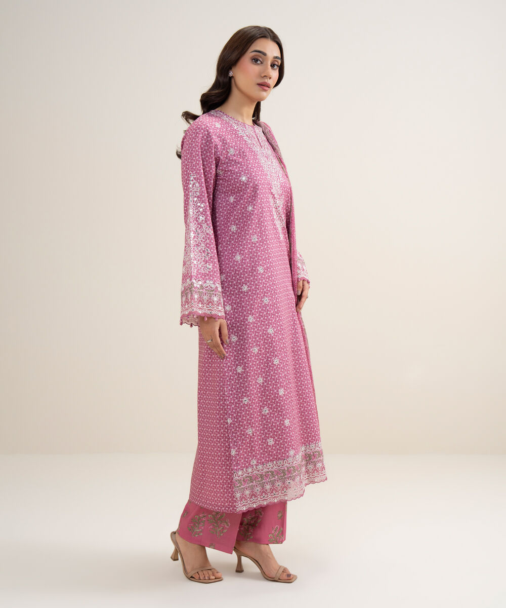Women's Unstitched Lawn Embroidered Pink 3 Piece Suit
