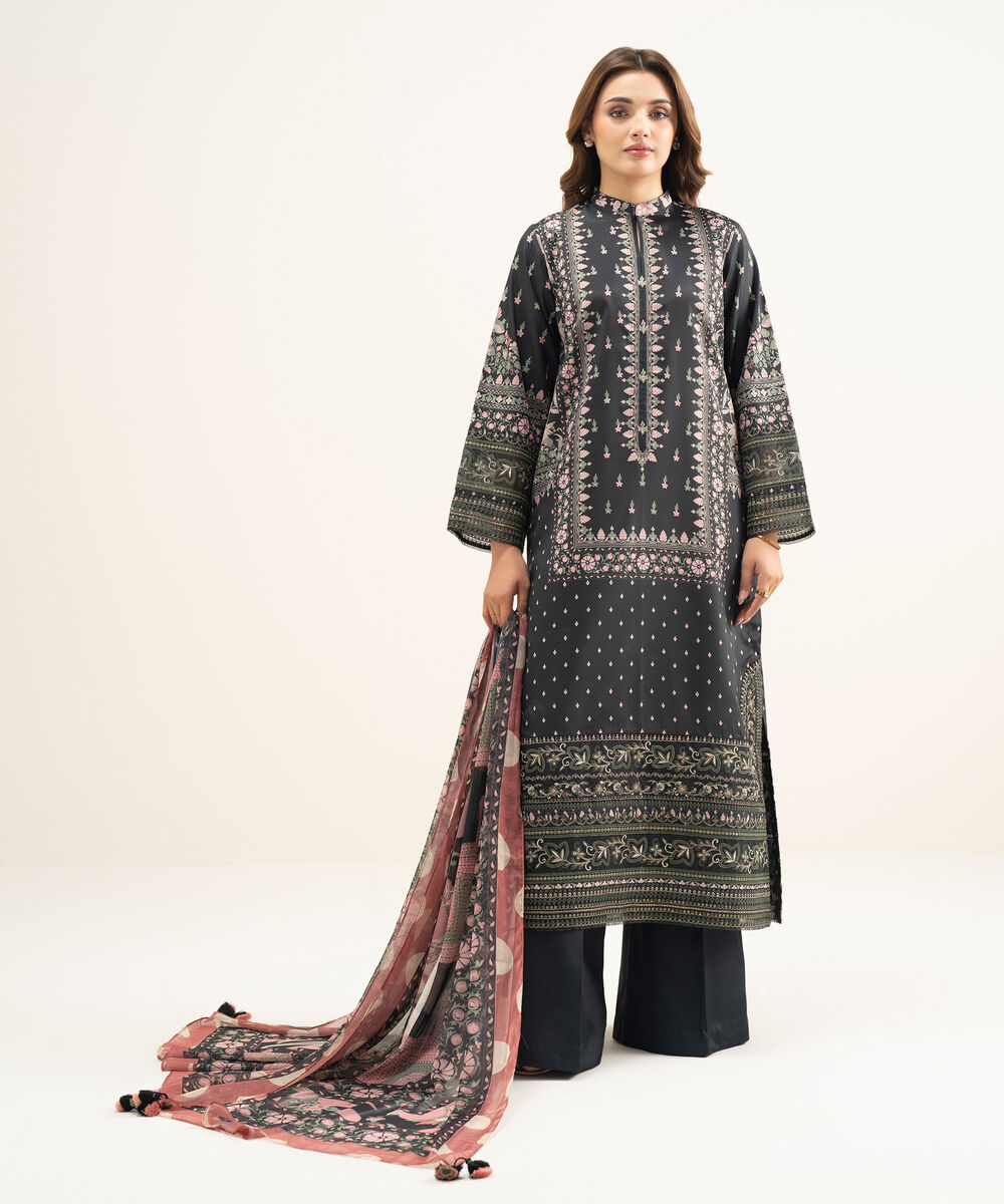 Women's Unstitched Blended Grip Silk Black Embroidered 3 Piece Suit