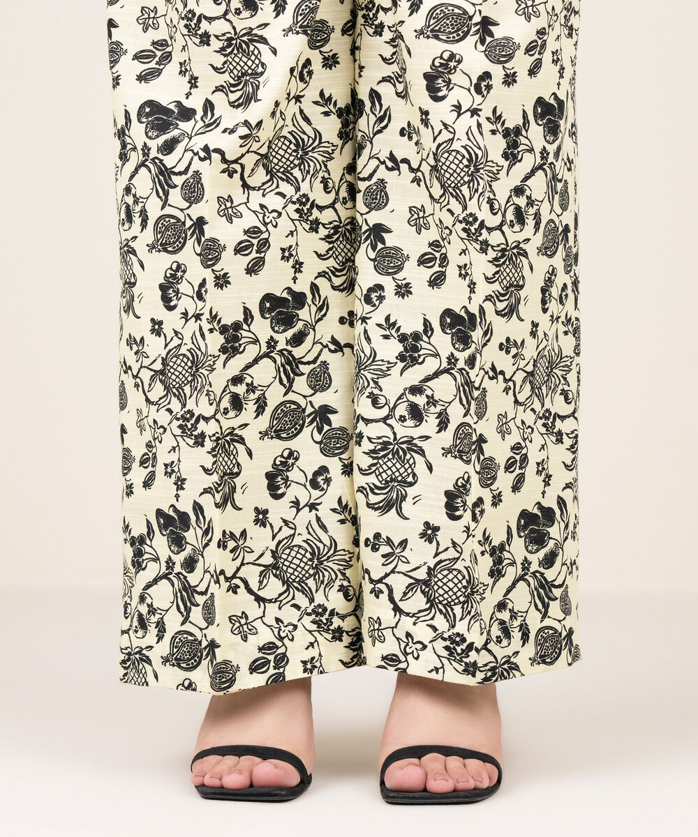 Women's RTW Khaddar Printed Off White Flared Pants