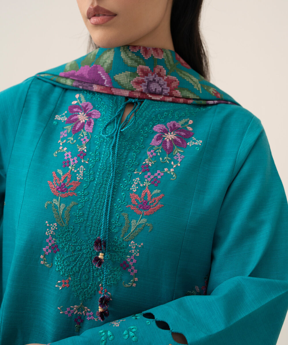 Women's Unstitched Premium Khaddar Embroidered Turquoise 3 Piece Suit