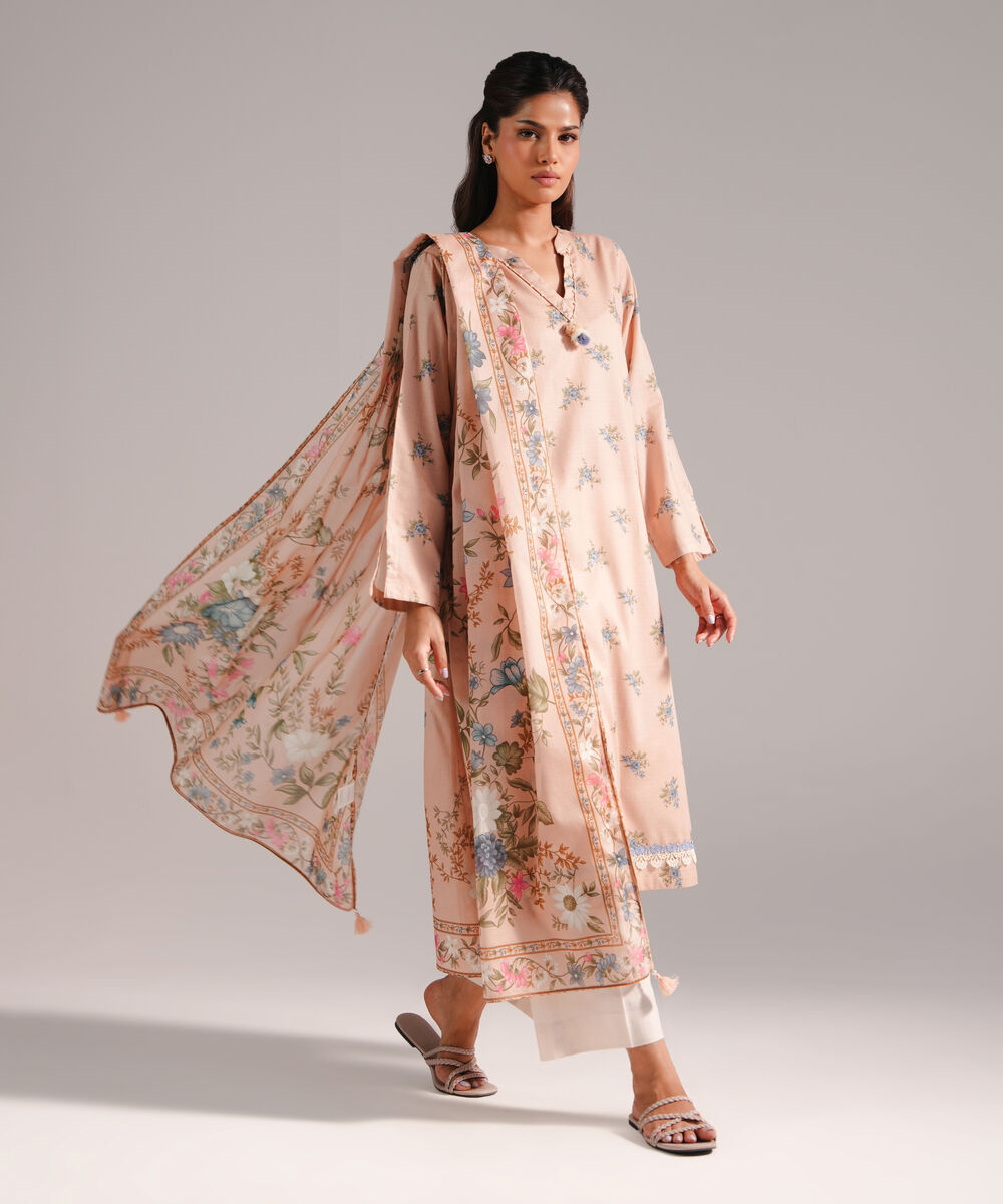 Women's RTW Dobby Printed Peach 2 Piece Suit