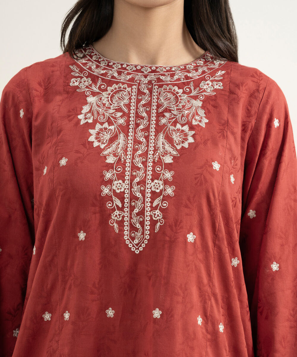 Women's RTW Self Jacquard Embroidered Orange Straight Shirt