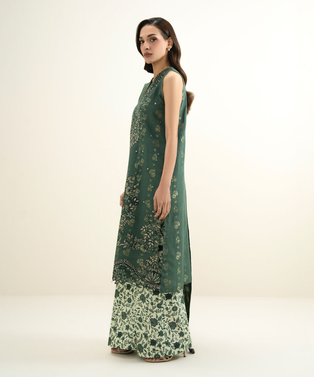 Women's Unstitched Extra Weft Jacquard Embroidered Green 3 Piece Suit