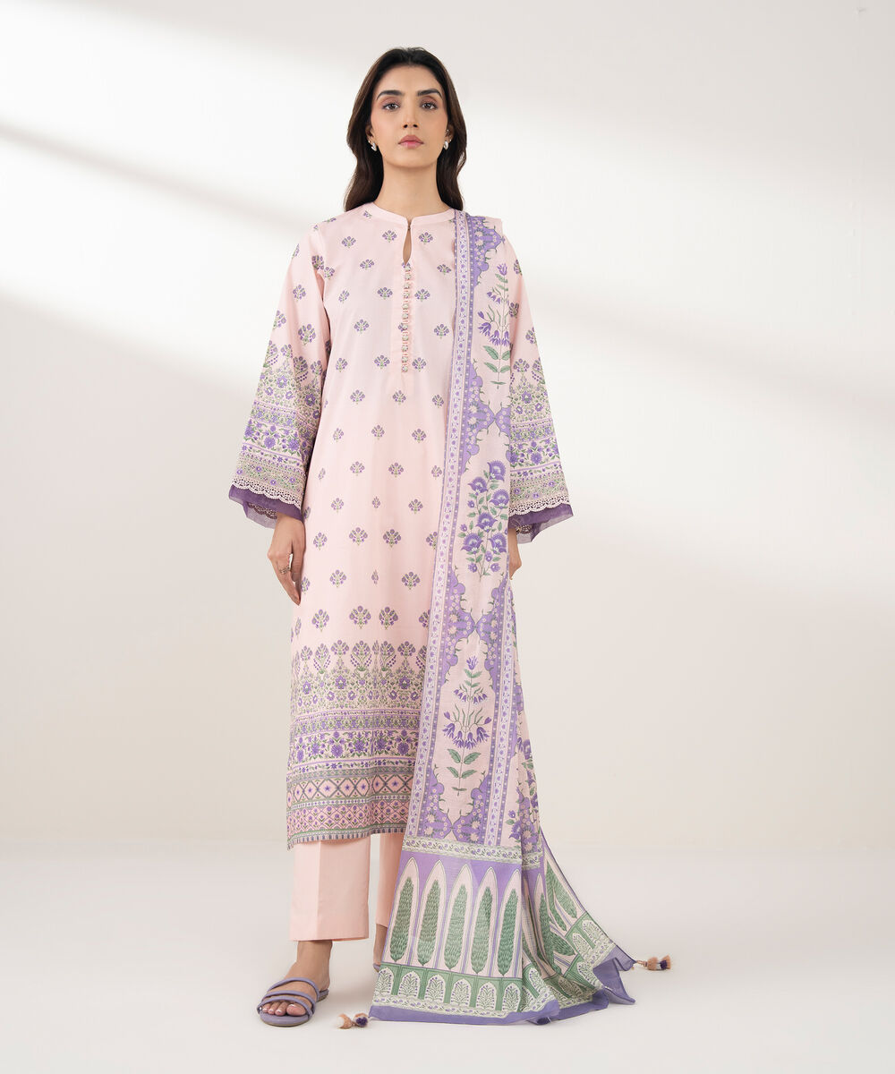 Women's Unstitched Lawn Printed Pink 3 Piece Suit