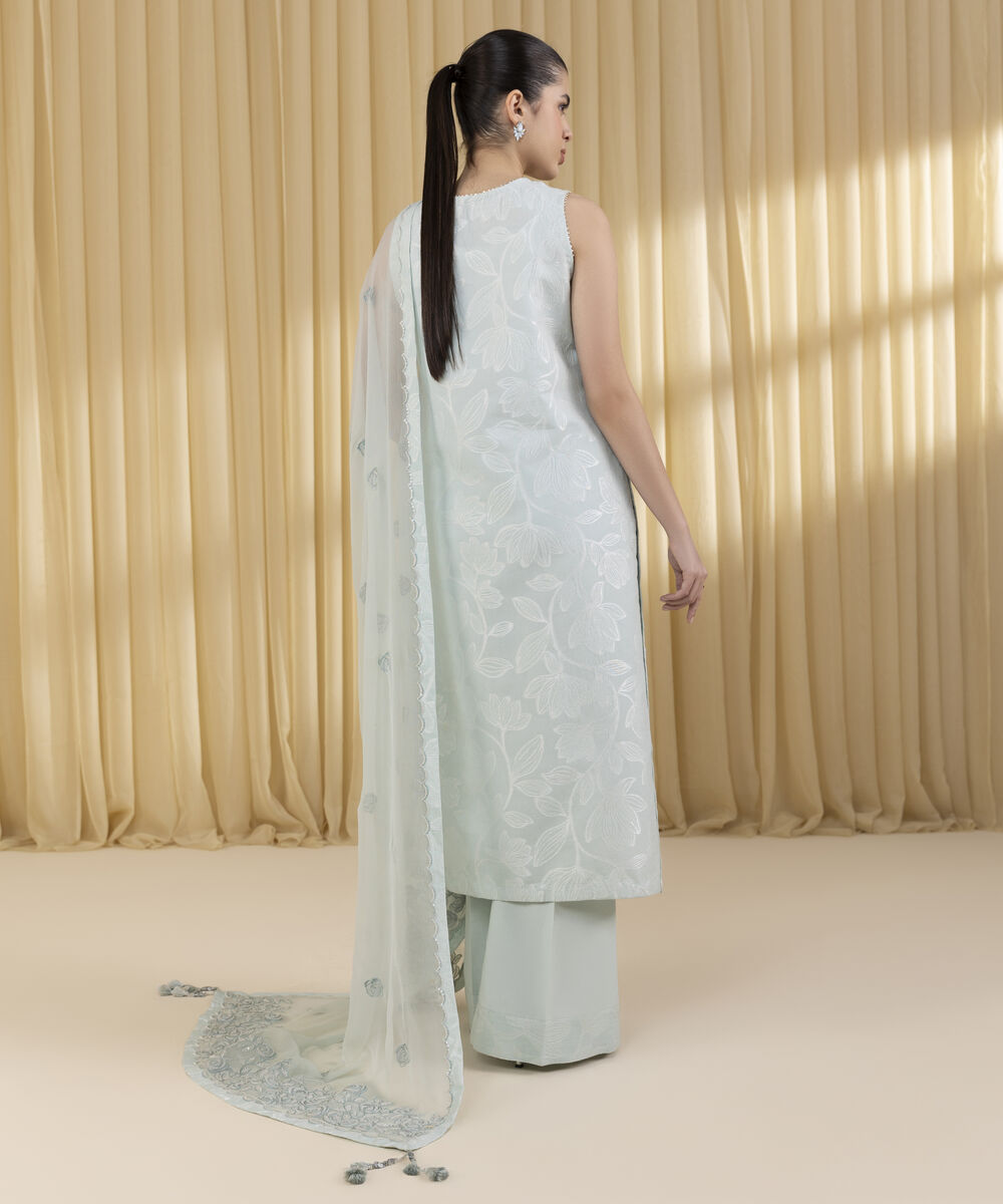 Unstitched Women's Blue Extra Weft Jacquard 3 Piece Suit