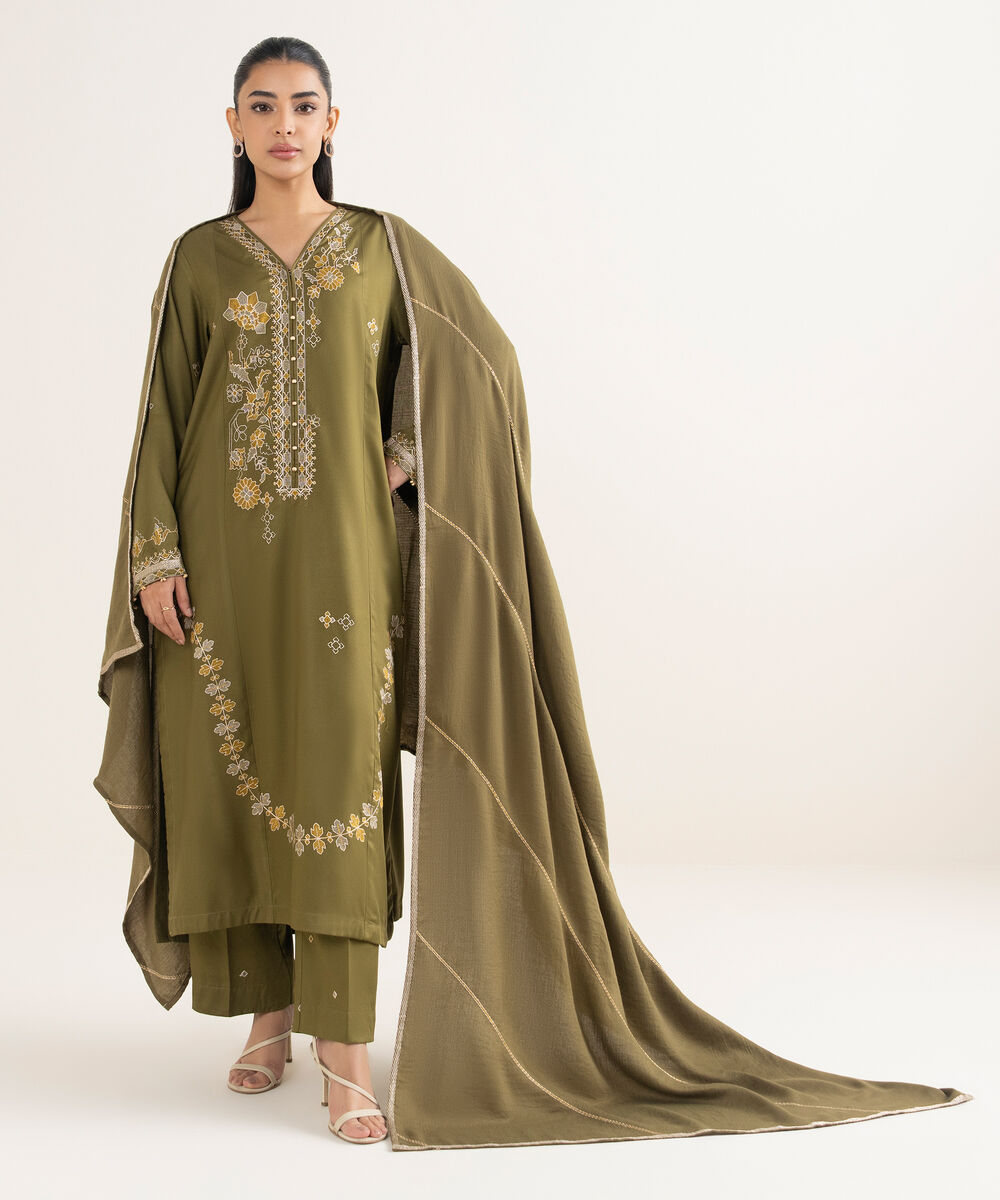 Women's RTW Viscose Marina Embroidered Green A-Line Shirt