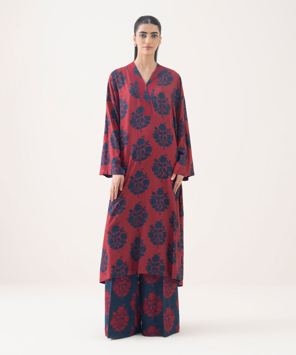 Women's RTW Viscose Linen Red Printed Drop Shoulder Shirt