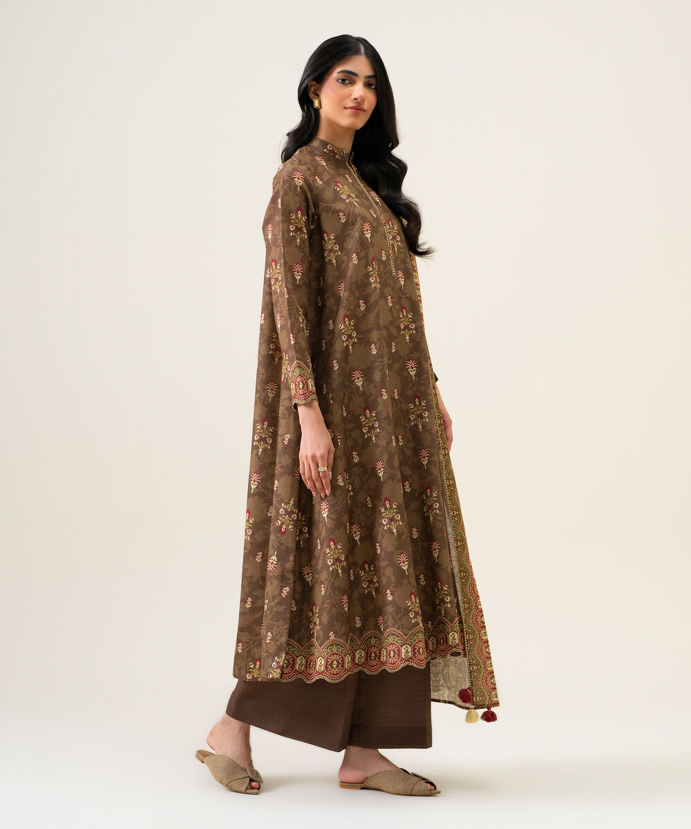 Womens Unstitched Light Khaddar Printed Brown 3 Piece Suit
