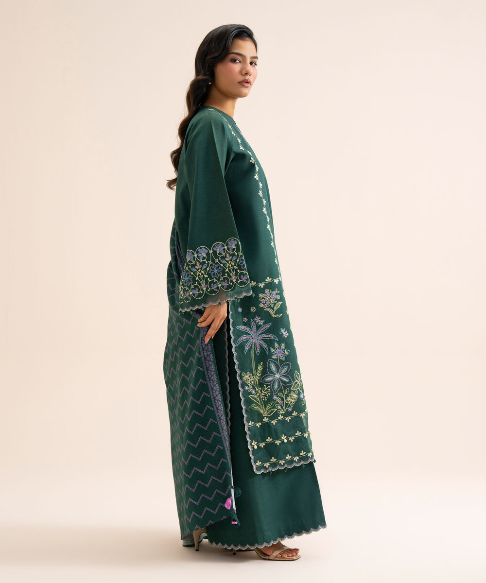 Women's Unstitched Light Khaddar Embroidered Green 3 Piece Suit